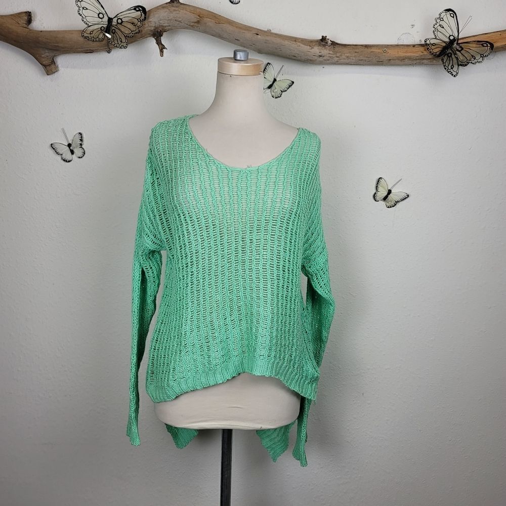Sabo skirt open weave green hi lo sweater